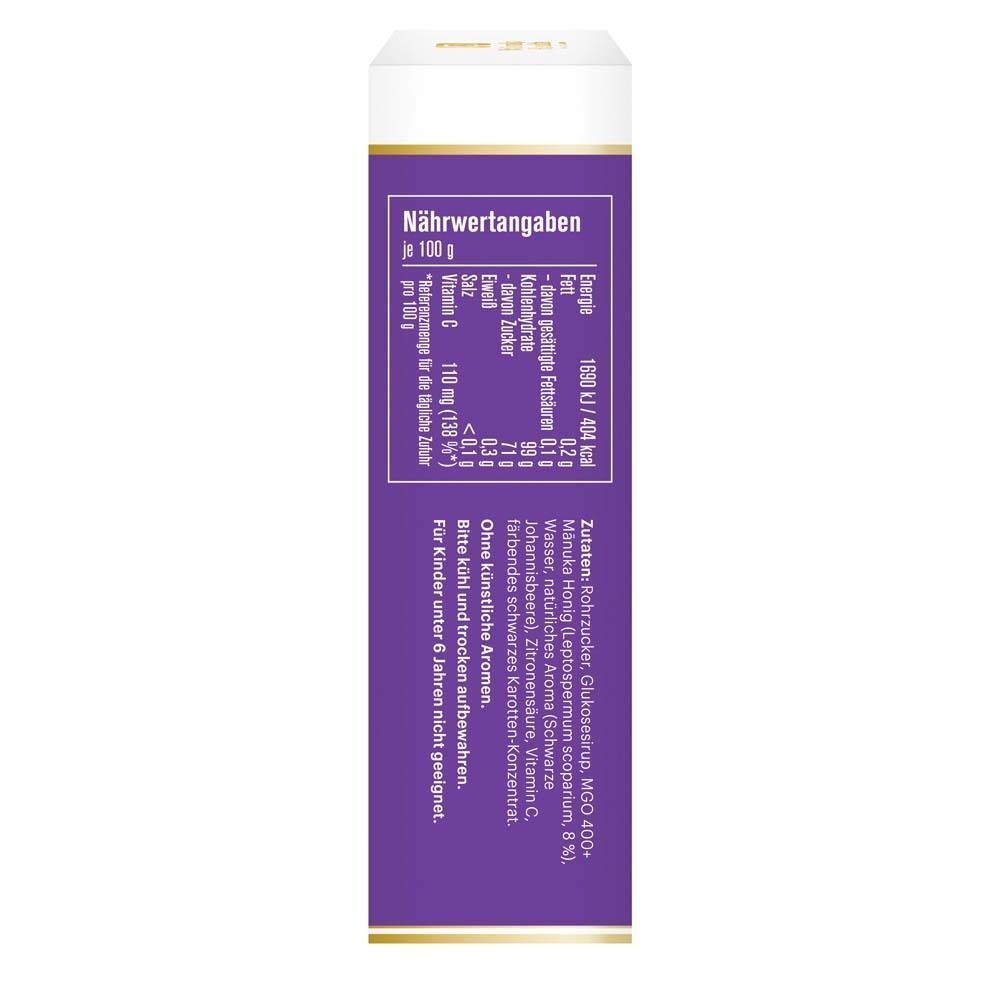 Rückseite der Hustenbonbon-Verpackung. Nährwertangaben. Zutaten: Glukosesirup, Manuka Honig, Vitamin C, Aromen, Farbstoff.