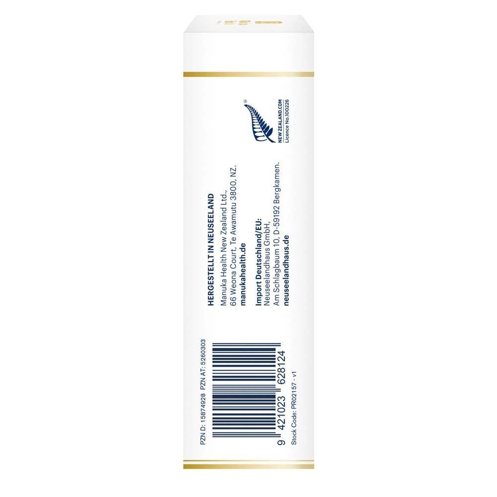 Seite der Hustenbonbon-Verpackung. Hersteller: Manuka Health New Zealand Ltd. Importeur: Manuka Health GmbH. Barcode.