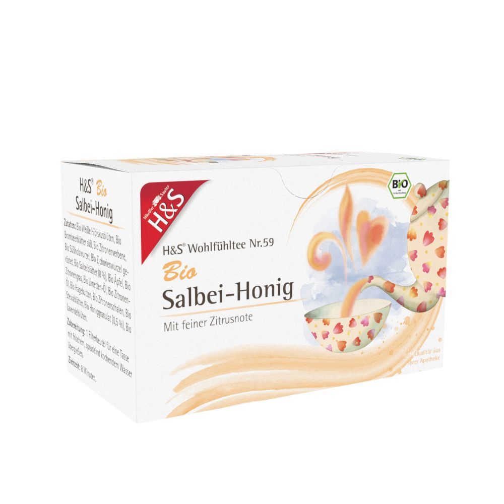 H&S Bio Salbei-Honig Filterbeutel Packung. Weiße Verpackung mit Produktnamen und Illustrationen.