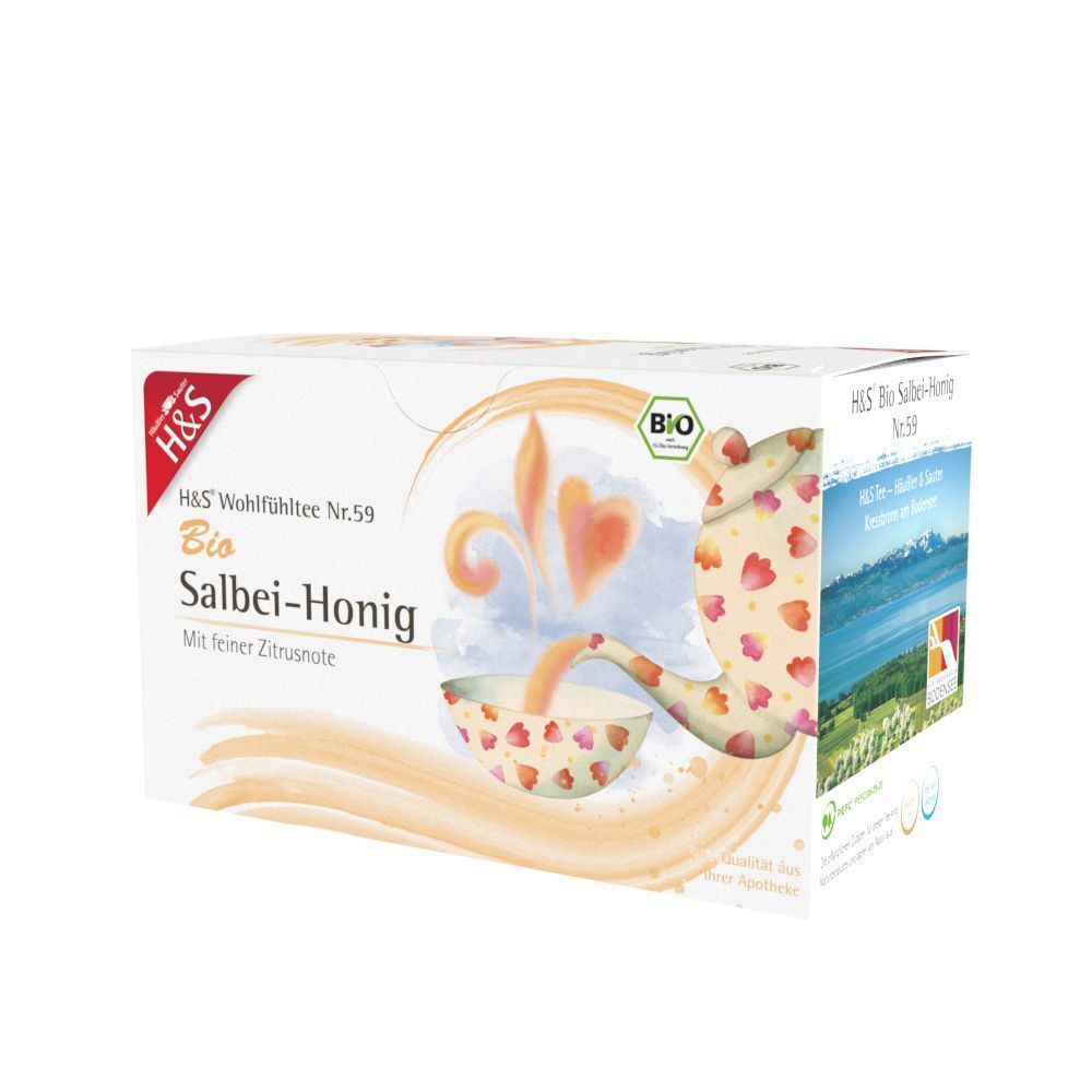 H&S Bio Salbei-Honig Filterbeutel Packung. Weiße Verpackung mit Produktnamen und Illustrationen.