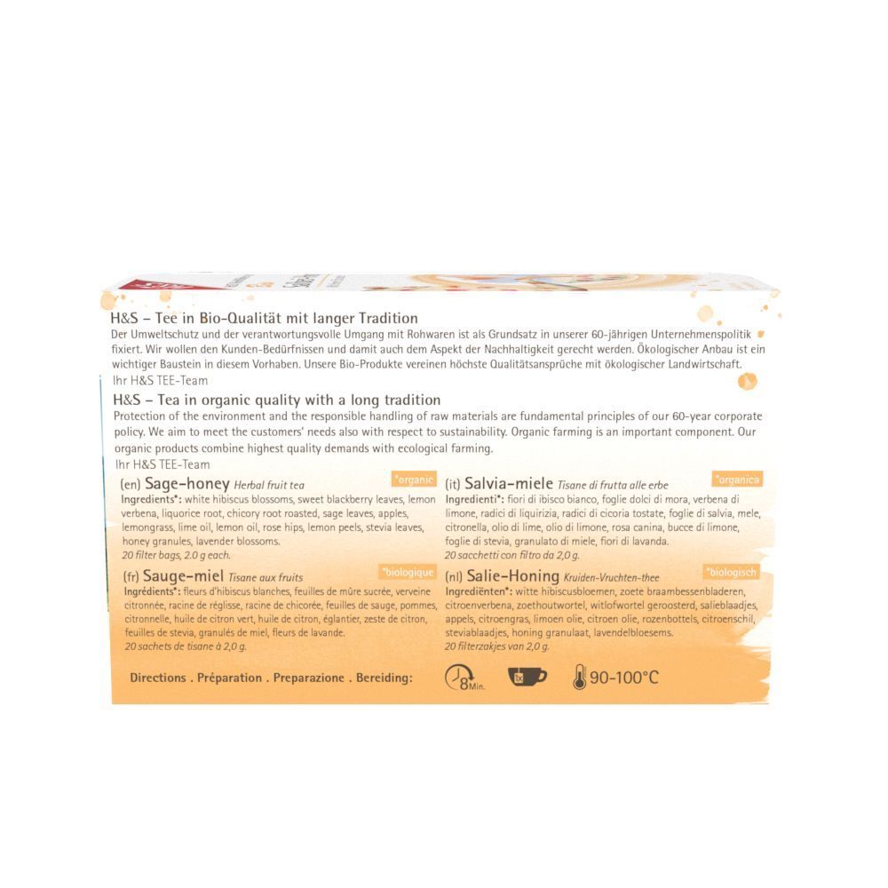 Rückseite der H&S Bio Salbei-Honig Filterbeutel Packung. Text in Deutsch, Informationen zu Inhaltsstoffen und Zubereitung.