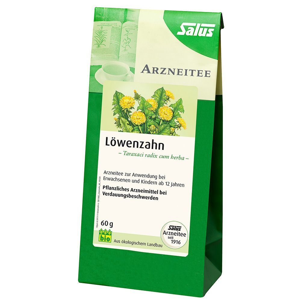 Eine Packung Salus Löwenzahntee (60g) mit Abbildung von Löwenzahnblüten und Blättern.