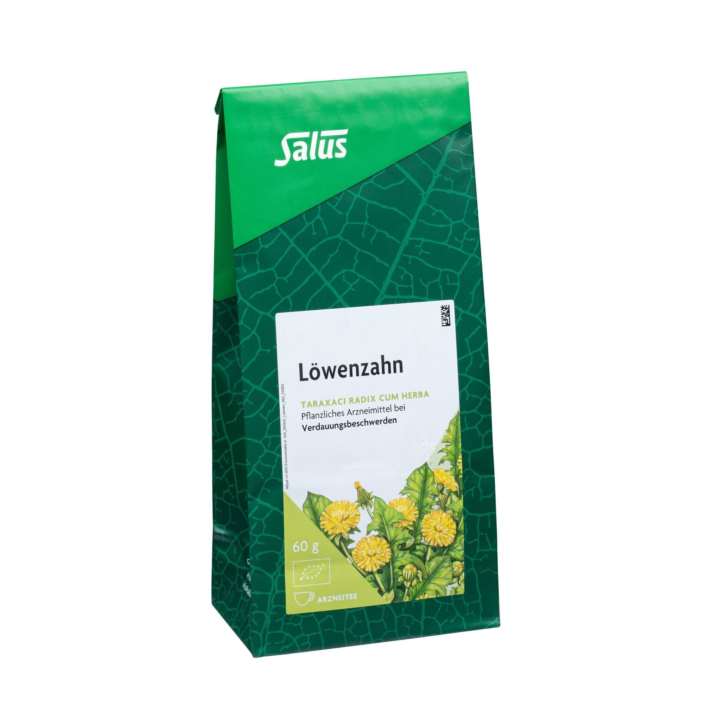 Eine grüne Packung Salus Löwenzahntee (60g) mit Abbildung von Löwenzahnblüten.