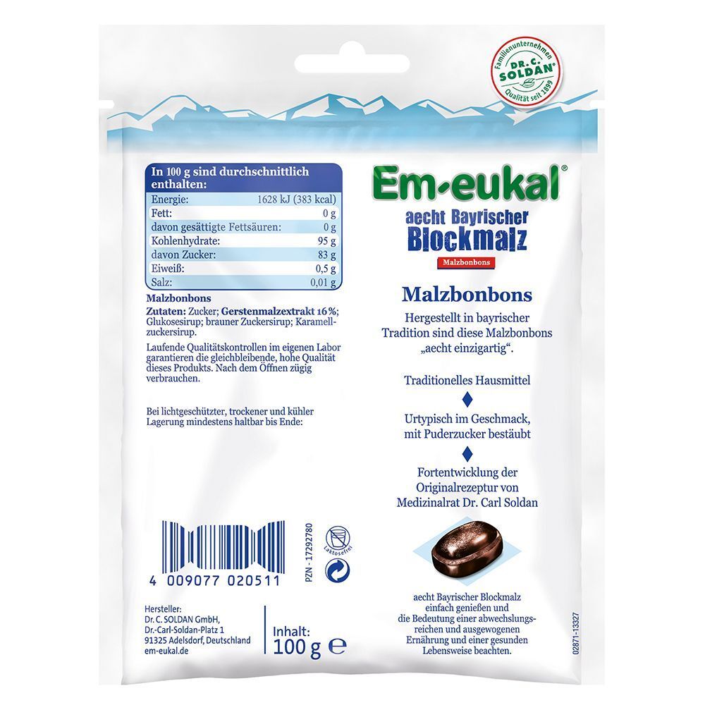 Rückseite der EM-EUKAL Bonbon-Verpackung. Enthält Nährwertangaben, Zutatenliste und Produktinformationen. Sichtbar: Produktname, Logo.