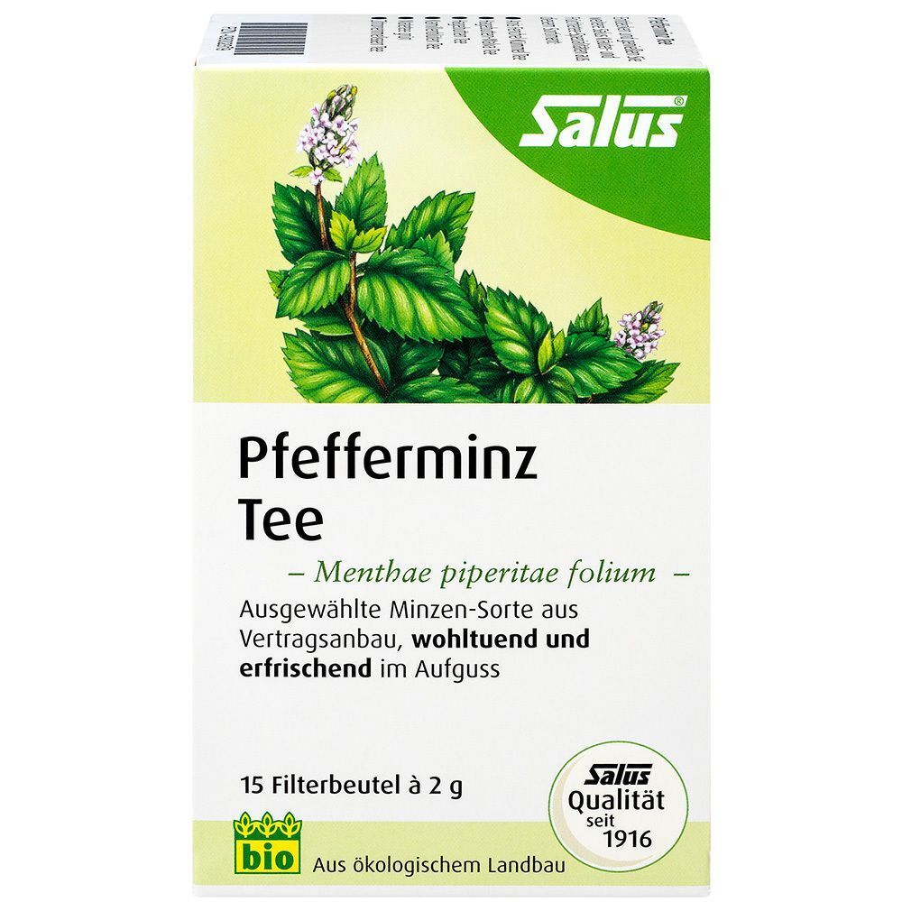 PFEFFERMINZ TEE von Salus. Weiße Verpackung mit Produktnamen, Minze-Illustration und Bio-Siegel. 15 Filterbeutel.