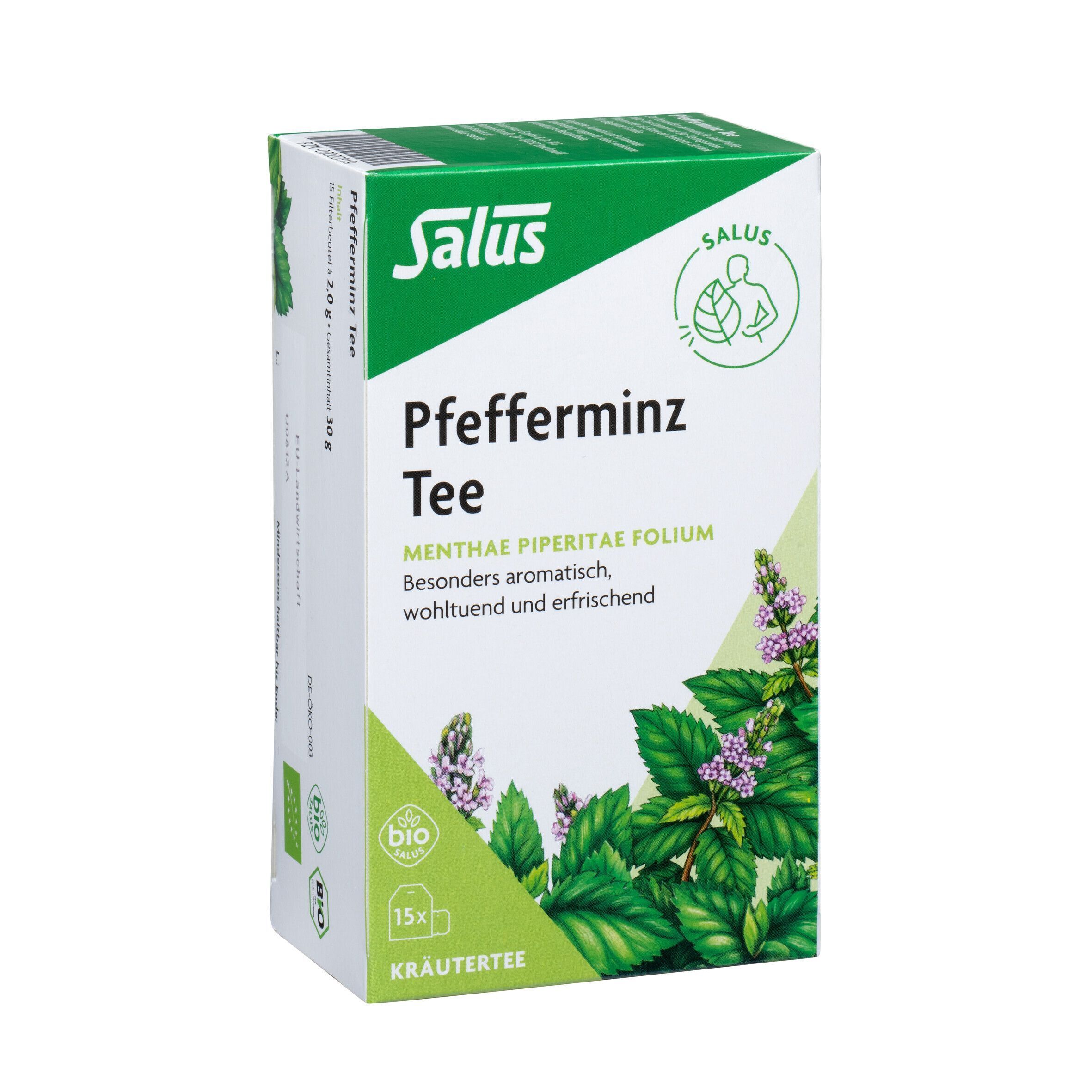 PFEFFERMINZ TEE von Salus. Verpackung mit Produktnamen, Minze-Illustration und Bio-Siegel. 15 Teebeutel.
