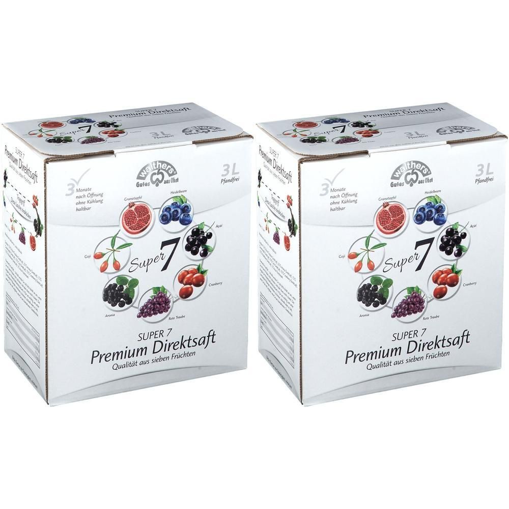 Zwei Kartons Super 7 Premium Direktsaft mit Abbildung von Früchten und 3L Angabe.