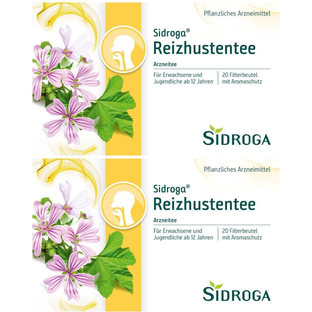 Zwei Packungen Sidroga Reizhustentee mit 20 Filterbeuteln, Kräuterabbildung und Kopf-Symbol.