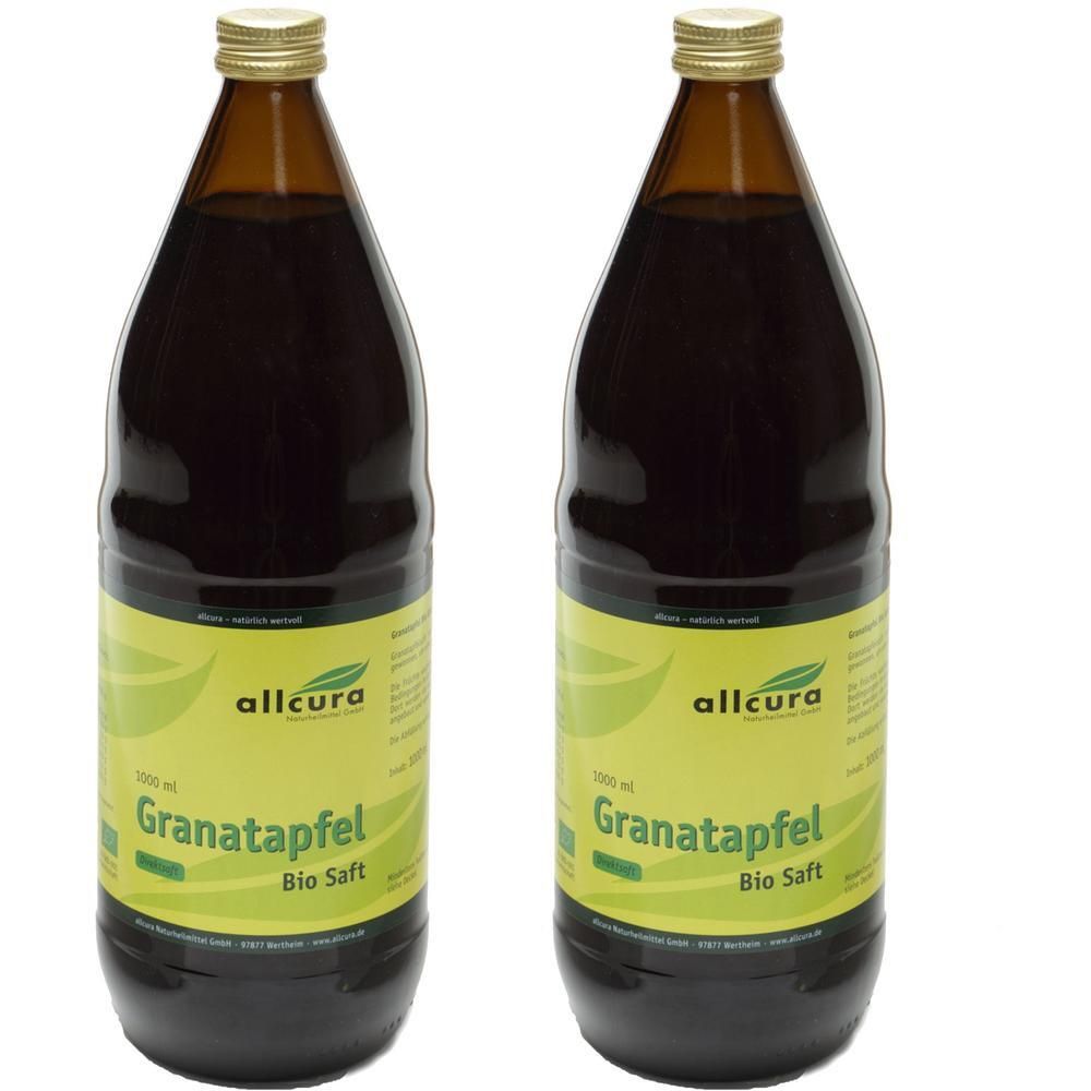 Zwei Flaschen allcura Granatapfel Bio Saft, 1000 ml.