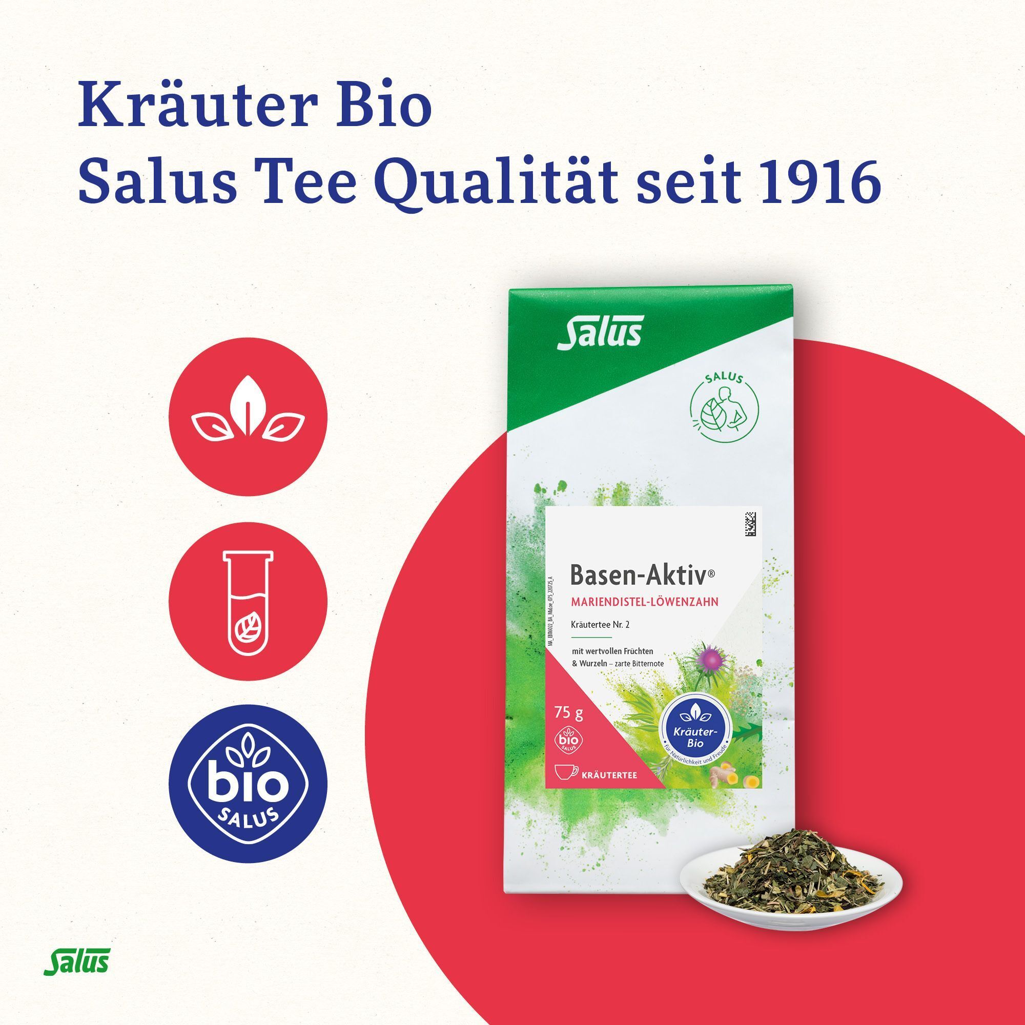 Kräutertee-Packung, Bio-Siegel, Salus Logo. Text: Kräuter Bio, Salus Tee Qualität seit 1916. Auf Teller Kräutertee.