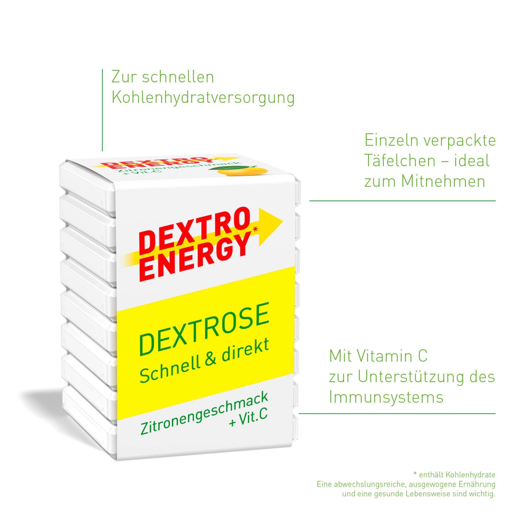 DEXTRO ENERGY Dextrose Würfel-Packung. Gelbes Etikett mit Schriftzug und gelbem Pfeil. Zitrone Geschmack + Vit.C. Einzelverpackt.