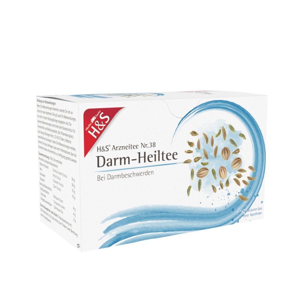 Packung H&S Darm-Heiltee Nr. 38 mit Kräutern und Wellenmuster, Rückseite mit Text.