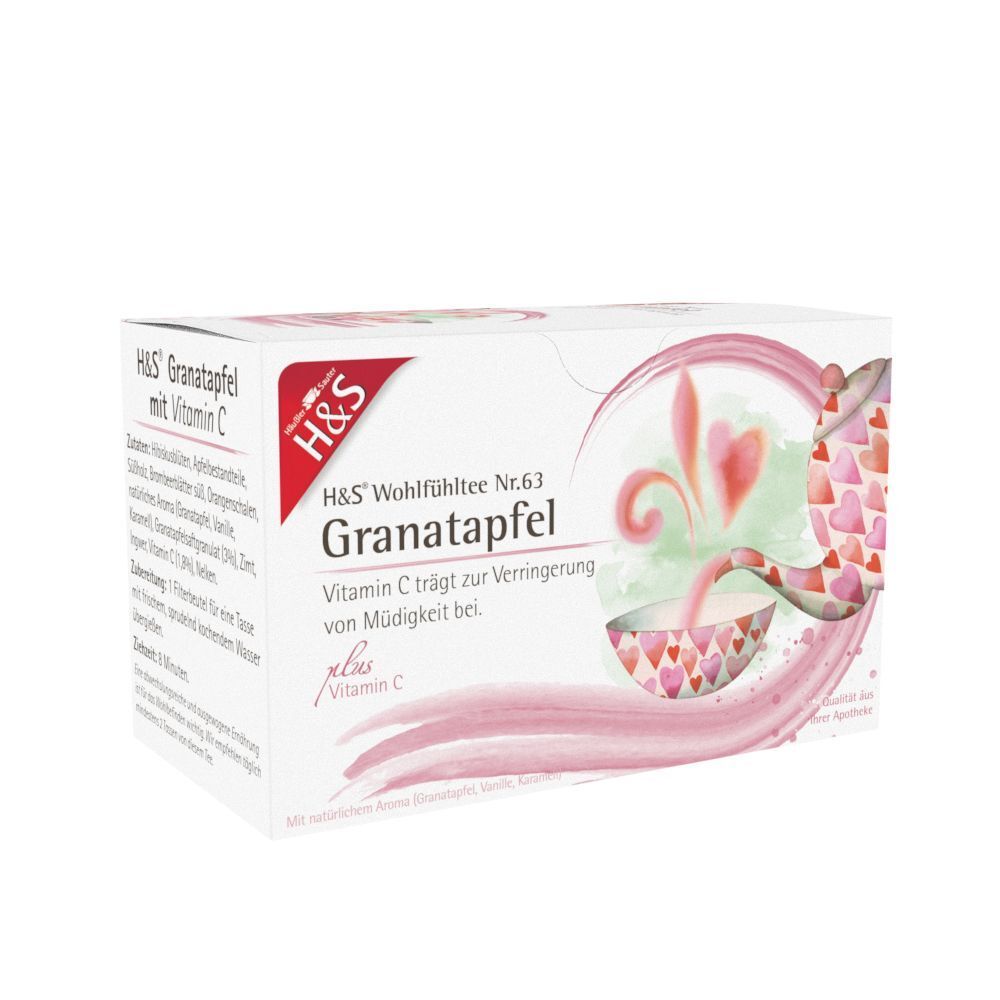 H&S Granatapfel Teebeutel-Packung, weiß mit rosa Akzenten. Produktname, Logo und Vitamin C-Hinweis deutlich sichtbar. Eckige Form.