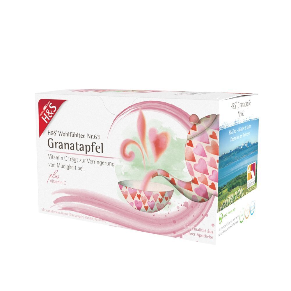 H&S Granatapfel Teebeutel-Packung, weiß mit rosa Design. Produktname, Logo und Vitamin C-Hinweis sichtbar. Abgebildet: Teekanne.