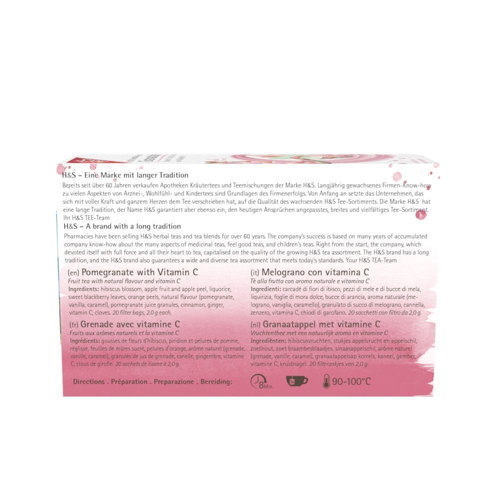 Rückseite der H&S Granatapfel Teebeutel-Packung. Text in mehreren Sprachen. Produktinformationen, Zutaten und Zubereitungshinweise.