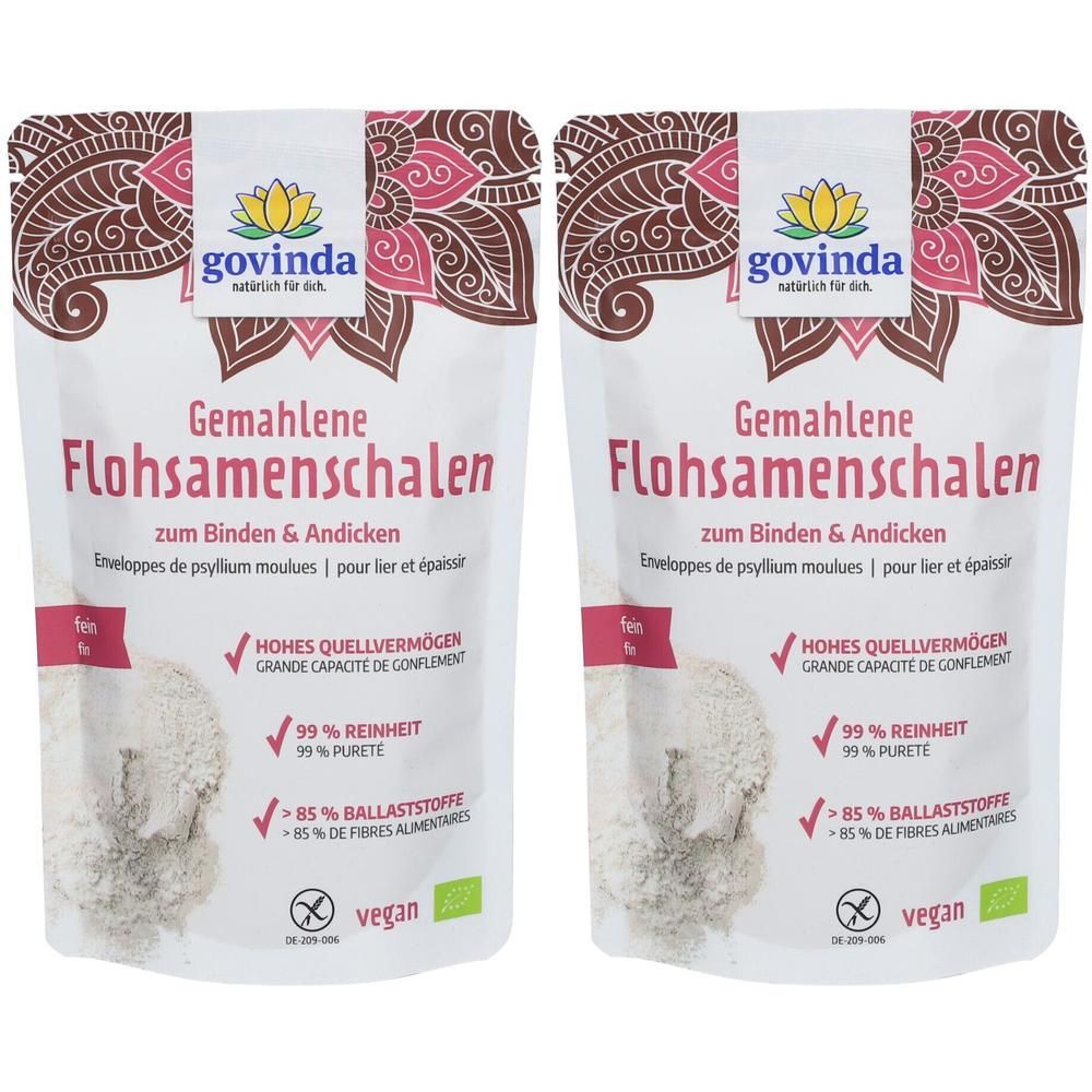 Zwei Packungen Govinda gemahlene Flohsamenschalen. Hohes Quellvermögen, 99% Reinheit, >85% Ballaststoffe. Vegan.