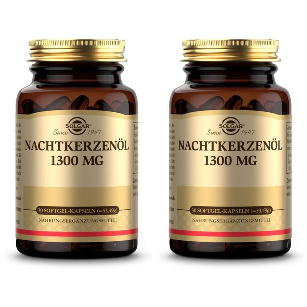 Zwei Flaschen mit braunen Kapseln. Auf den Etiketten steht "Nachtkerzenöl 1300 MG". Goldfarbene Deckel.