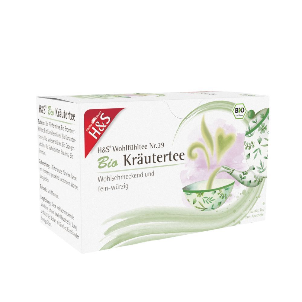 H&S Bio Kräutertee Filterbeutel Packung. Weiße Verpackung mit Logo, Kräutertee-Illustration und Bio-Siegel.