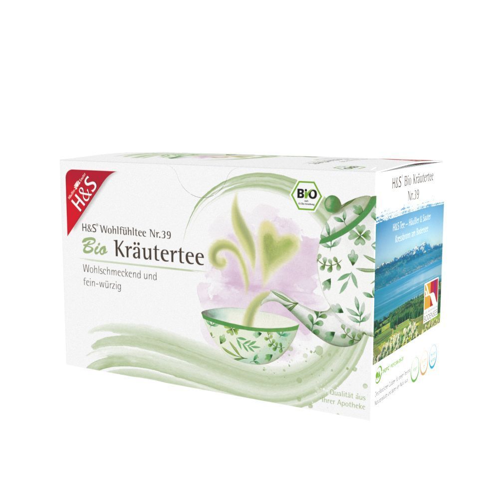 H&S Bio Kräutertee Filterbeutel Packung. Weiße Verpackung mit Logo, Kräutertee-Illustration, Bio-Siegel und Landschaft.