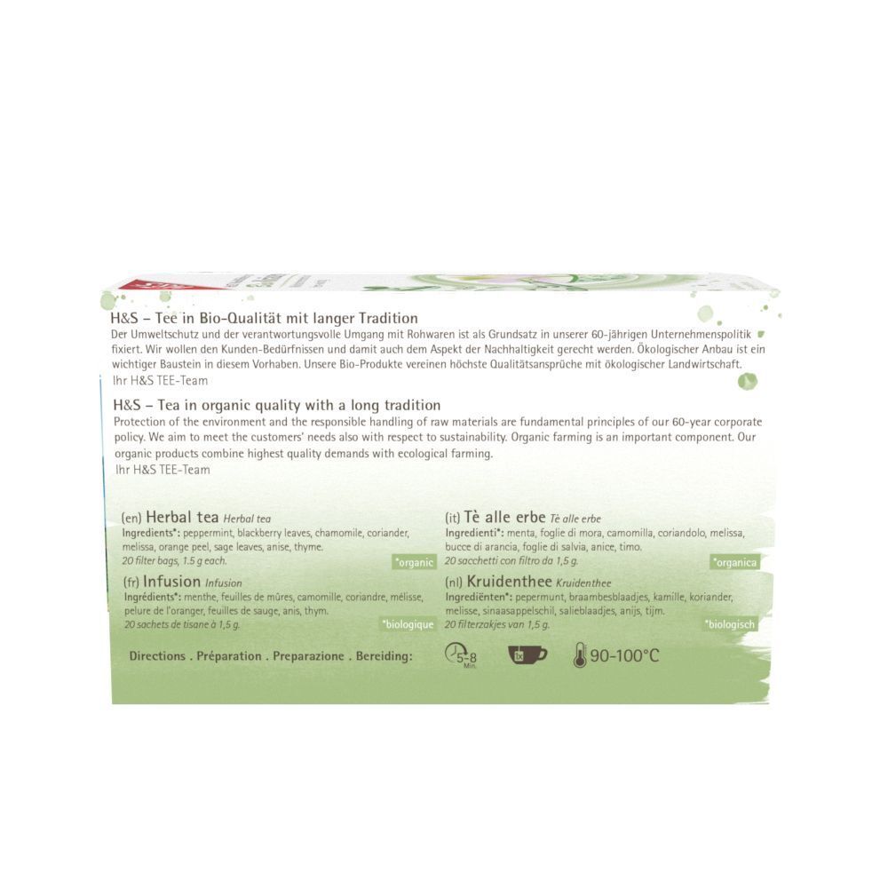 Rückseite der H&S Bio Kräutertee Packung. Text über Tee in Bio-Qualität, Inhaltsstoffe, Zubereitung und Nährwertangaben.