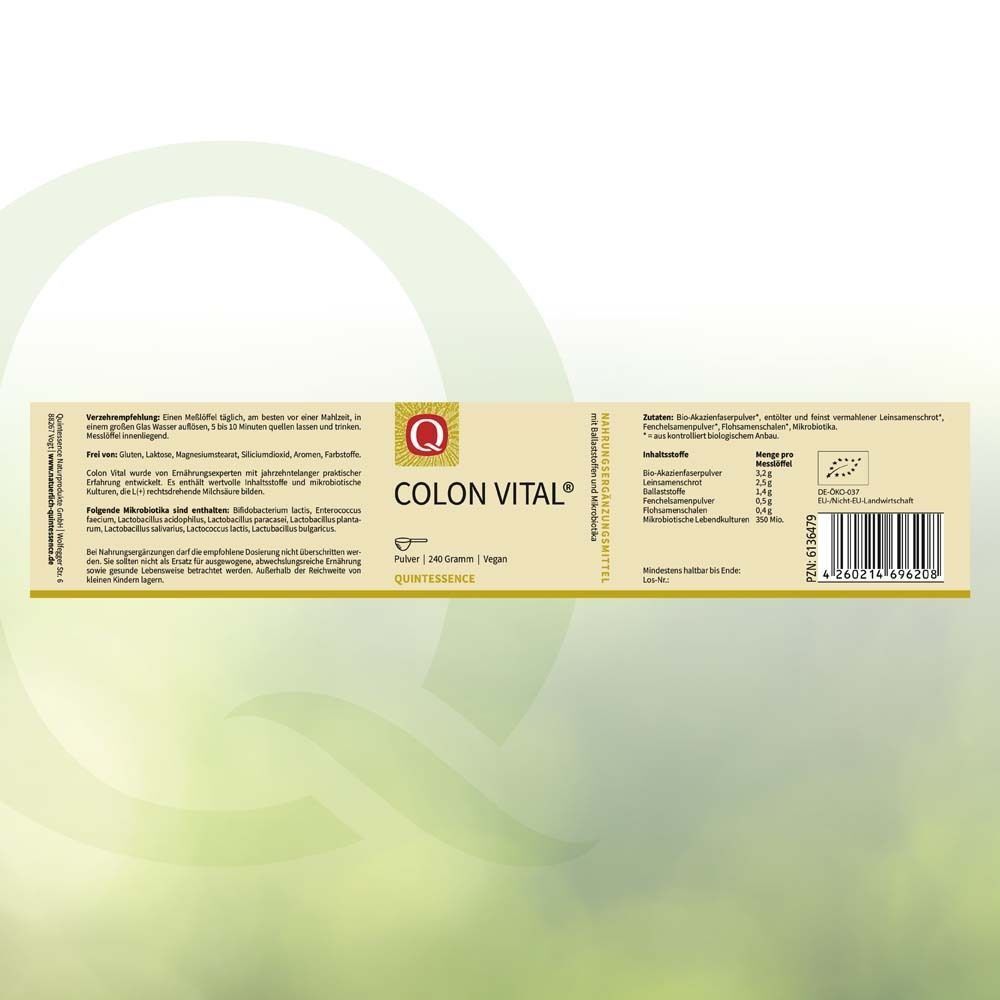 Längliche Verpackung mit Text und Logo. Aufschrift: Colon Vital Pulver, 240 Gramm, Vegan. Marke: Quintessence. Mit Nährwertangaben und Barcode.