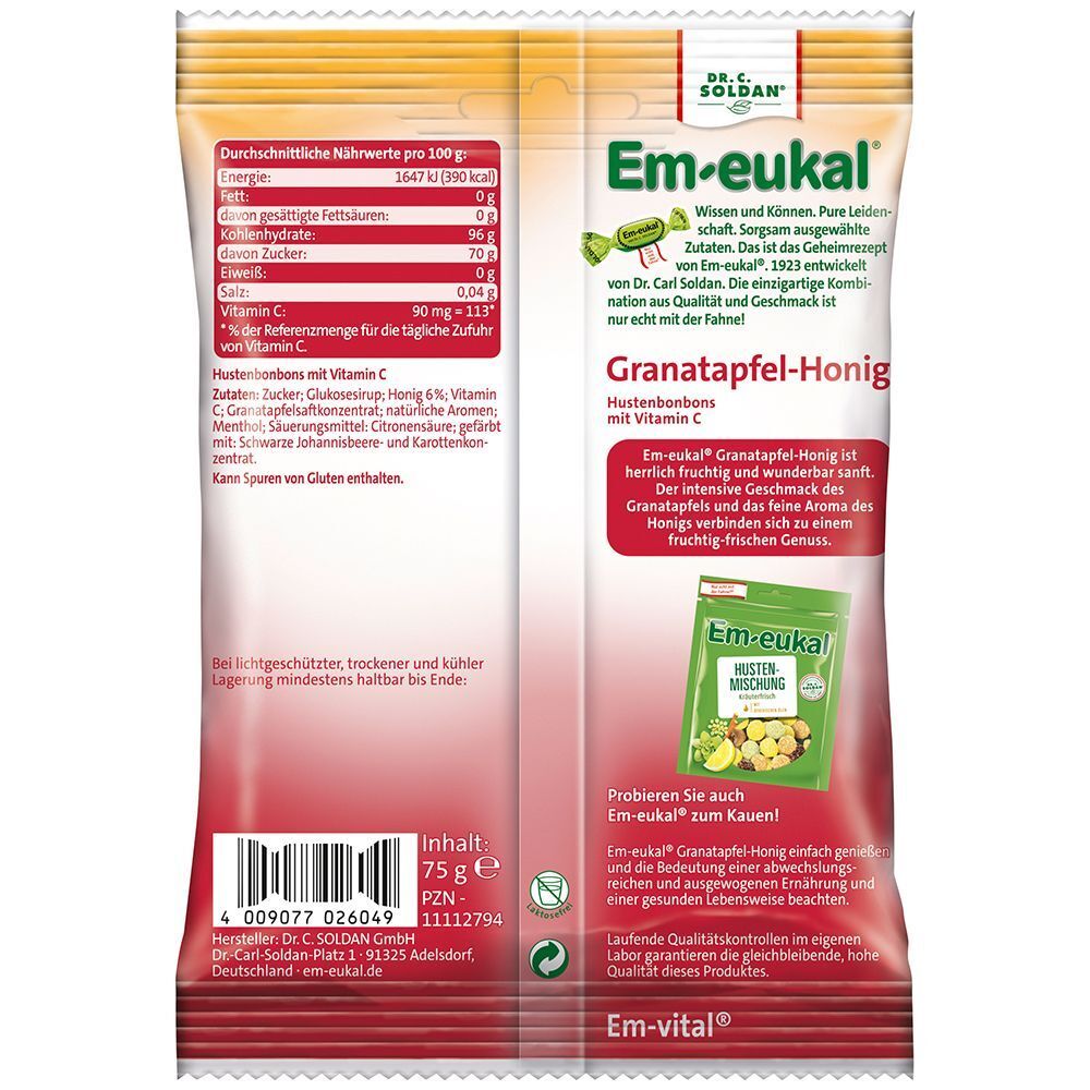 Rückseite einer EM-EUKAL Bonbon-Verpackung. Text mit Nährwertangaben und Produktinformationen. Logo und Produktbezeichnung.