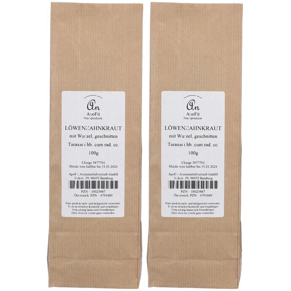 Zwei Packungen Löwenzahnkraut mit Wurzel, geschnitten, 100g.