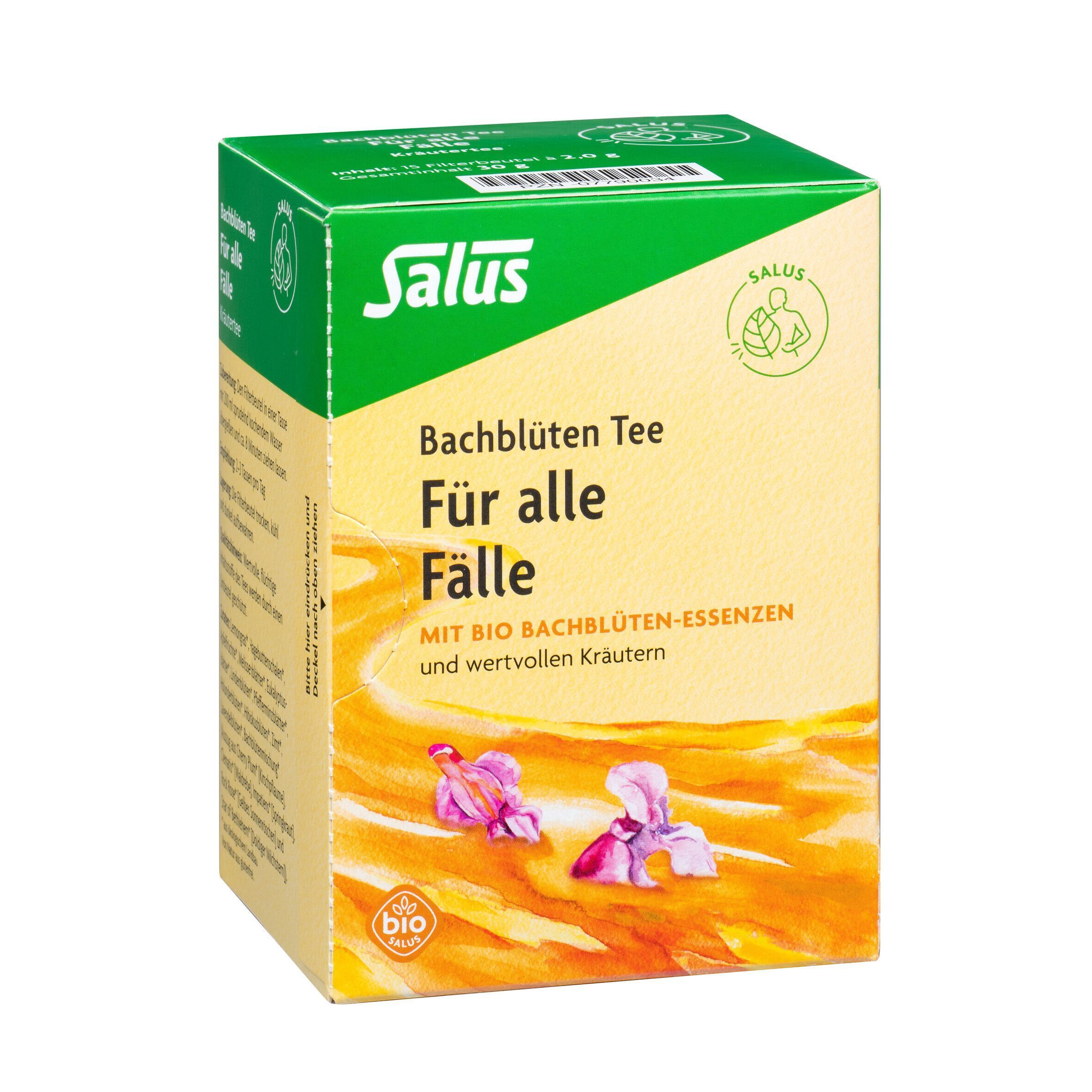 Salus® Bachblüten Tee Für alle Fälle. Grün-gelbe Verpackung mit Produktnamen und Logo. Bio-Zertifizierung.