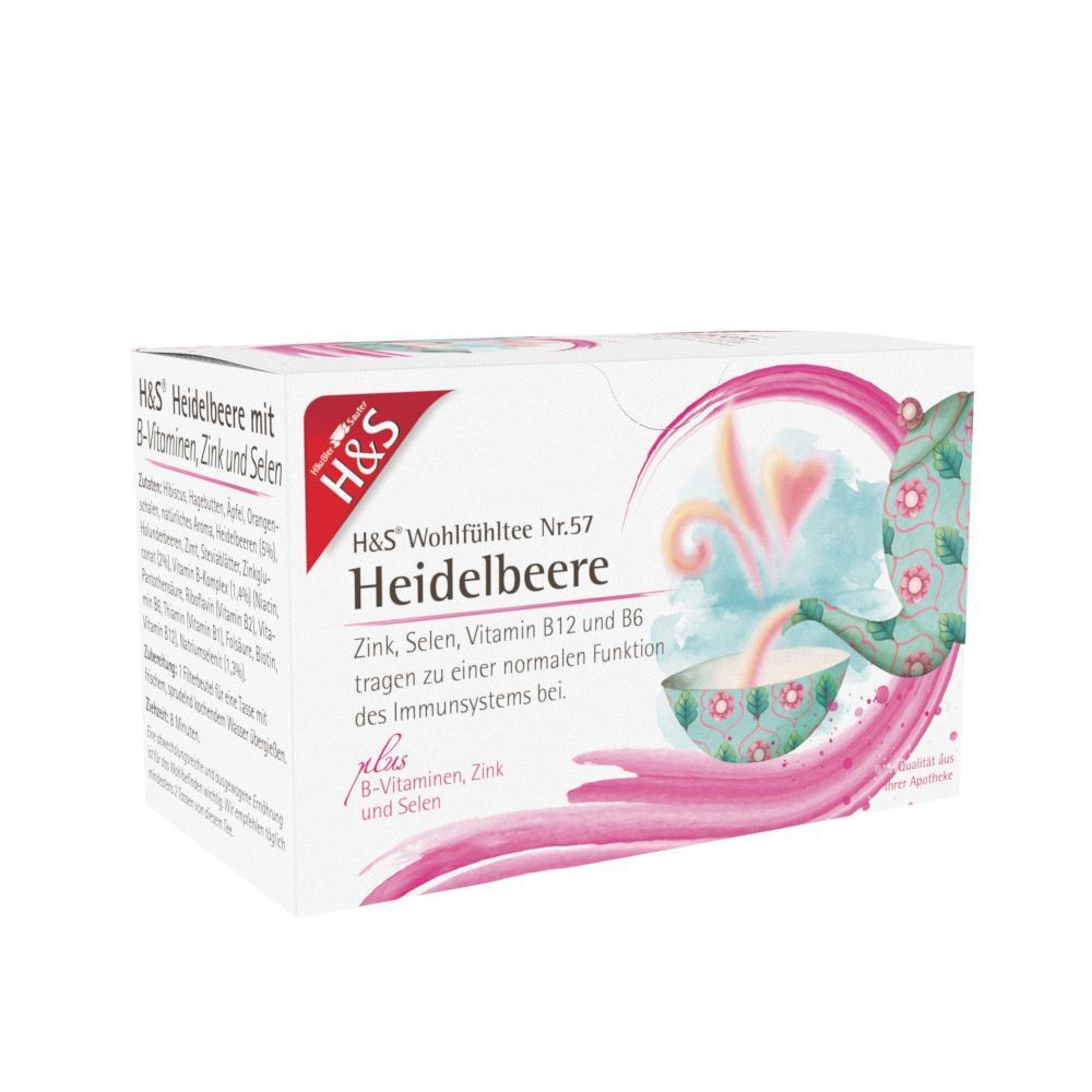 H&S Heidelbeere Tee-Packung. Aufdruck: Nr.57, Zink, Selen, Vitamin B12 und B6. Rosa und türkise Illustration.