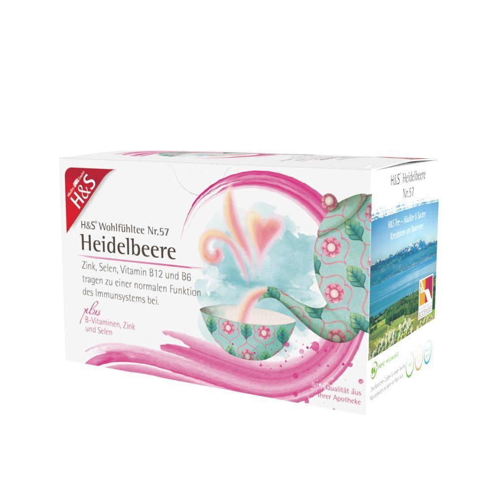 H&S Heidelbeere Tee-Packung. Aufdruck: Nr.57, Zink, Selen, Vitamin B12 und B6. Rosa und türkise Illustration.