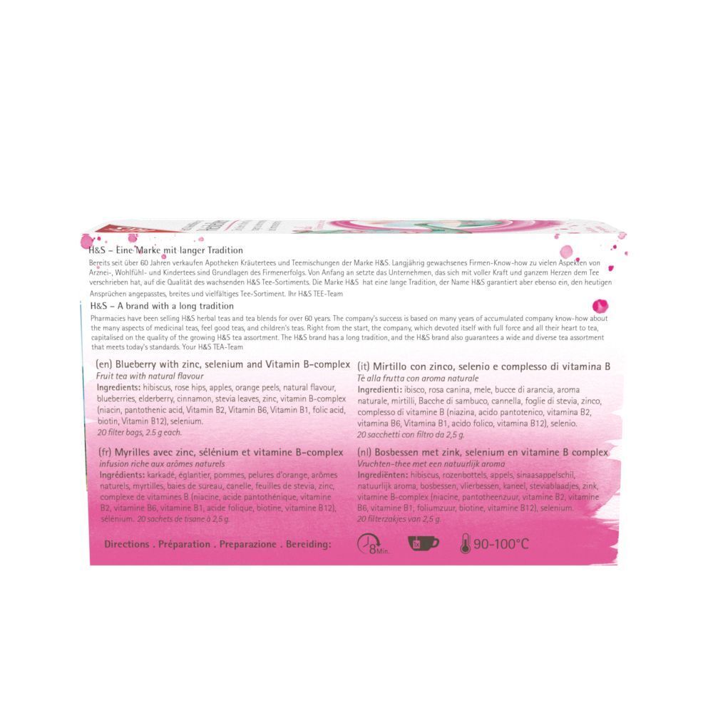 Rückseite der H&S Heidelbeere Tee-Packung. Text in Deutsch, Englisch, Französisch und Italienisch. Zutatenliste und Zubereitungshinweise.