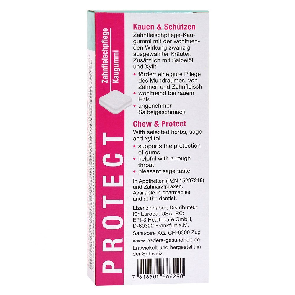 Schachtel mit Text: Kauen & Schützen, Zahnfleischpflege Kaugummi, Salbeiöl, Xylit. Inhaltsangabe in Deutsch und Englisch.