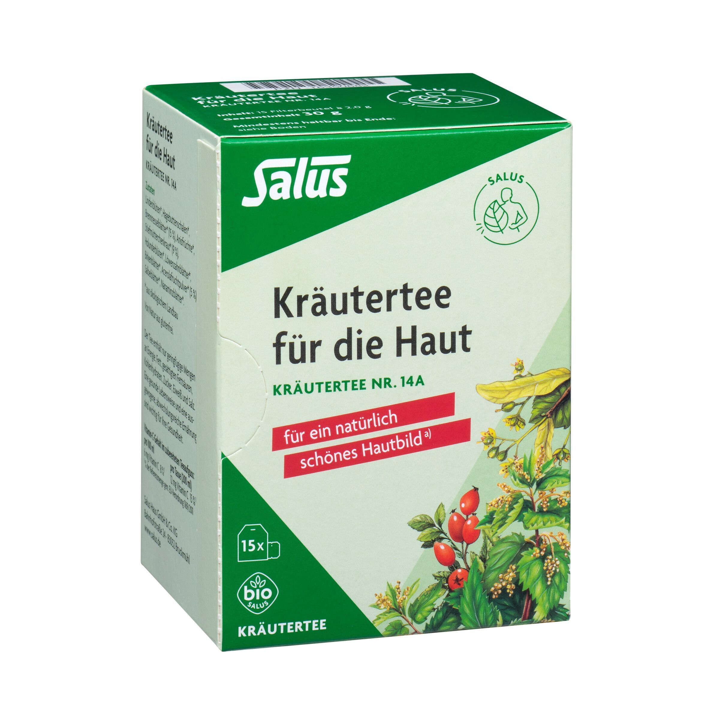 Karton Kräutertee für die Haut. Aufdruck: Salus, Kräutertee Nr. 14A, Bio. 15x. Mit Blüten und Blättern.
