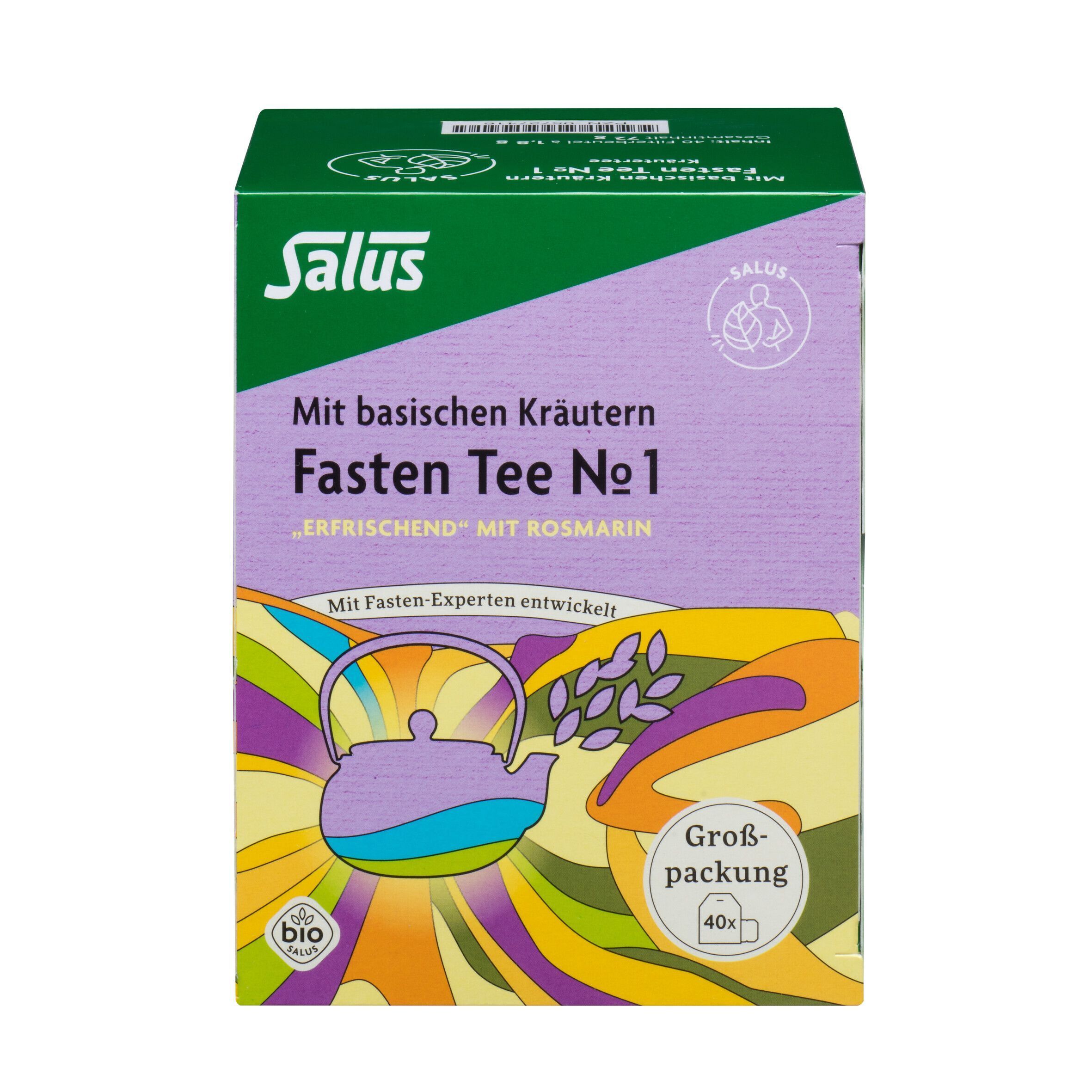 FASTENTEE Nr. 1 Packung. Lila Verpackung mit Salus-Logo und Text. Großpackung mit 40 Beuteln.