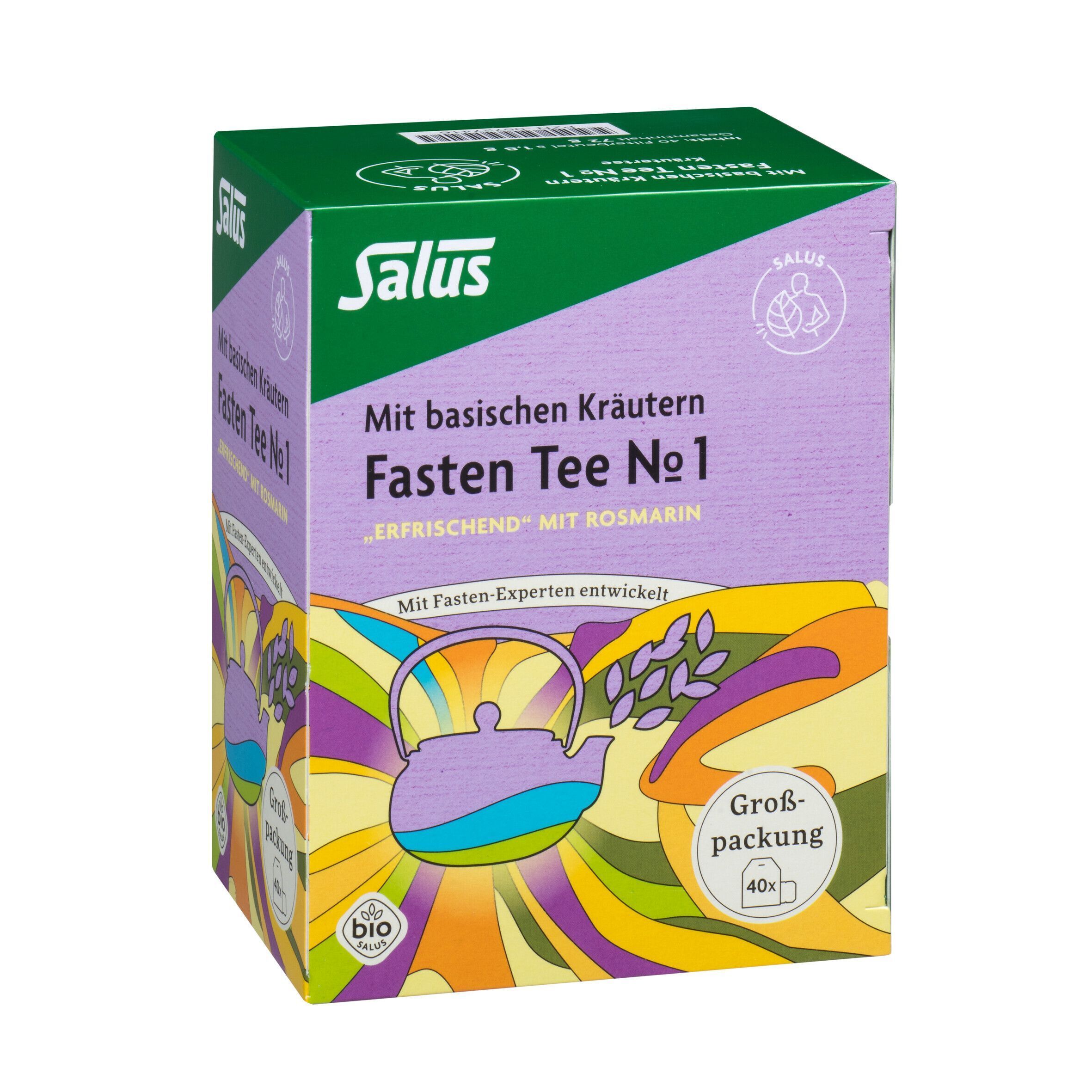 FASTENTEE Nr. 1 Packung. Lila Verpackung mit Salus-Logo und Text. Großpackung mit 40 Beuteln.