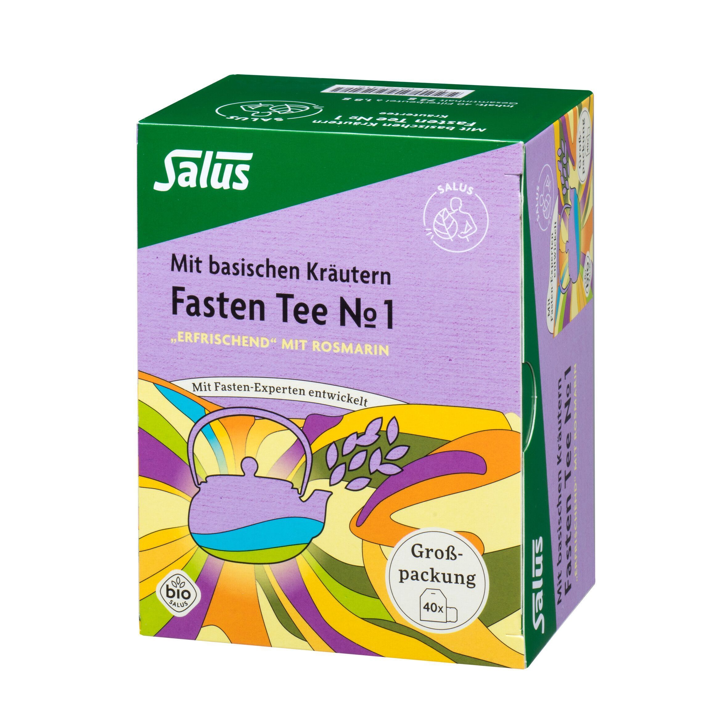 FASTENTEE Nr. 1 Packung. Lila Verpackung mit Salus-Logo und Text. Großpackung mit 40 Beuteln.