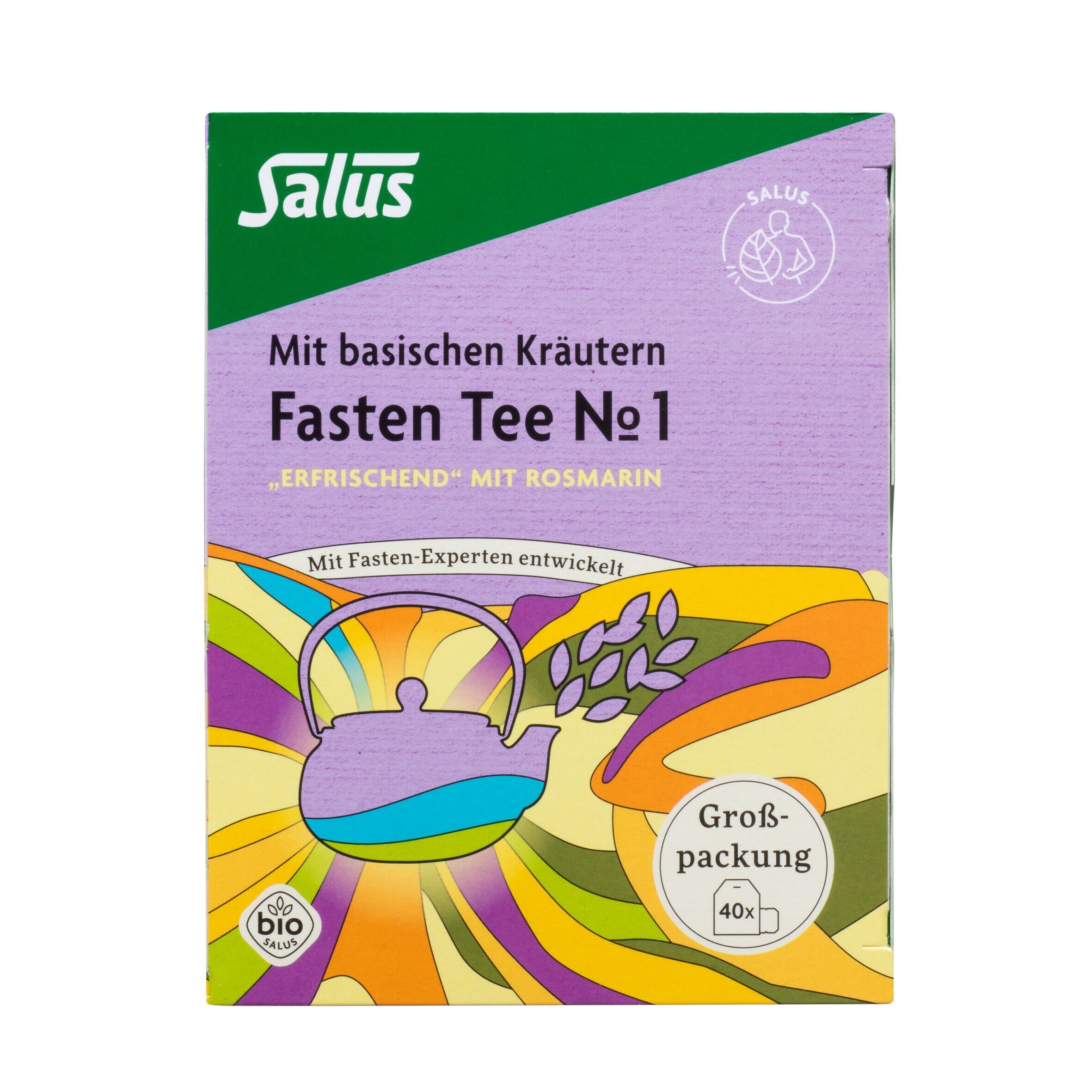 FASTENTEE Nr. 1 Packung. Lila Verpackung mit Salus-Logo und Text. Großpackung mit 40 Beuteln.