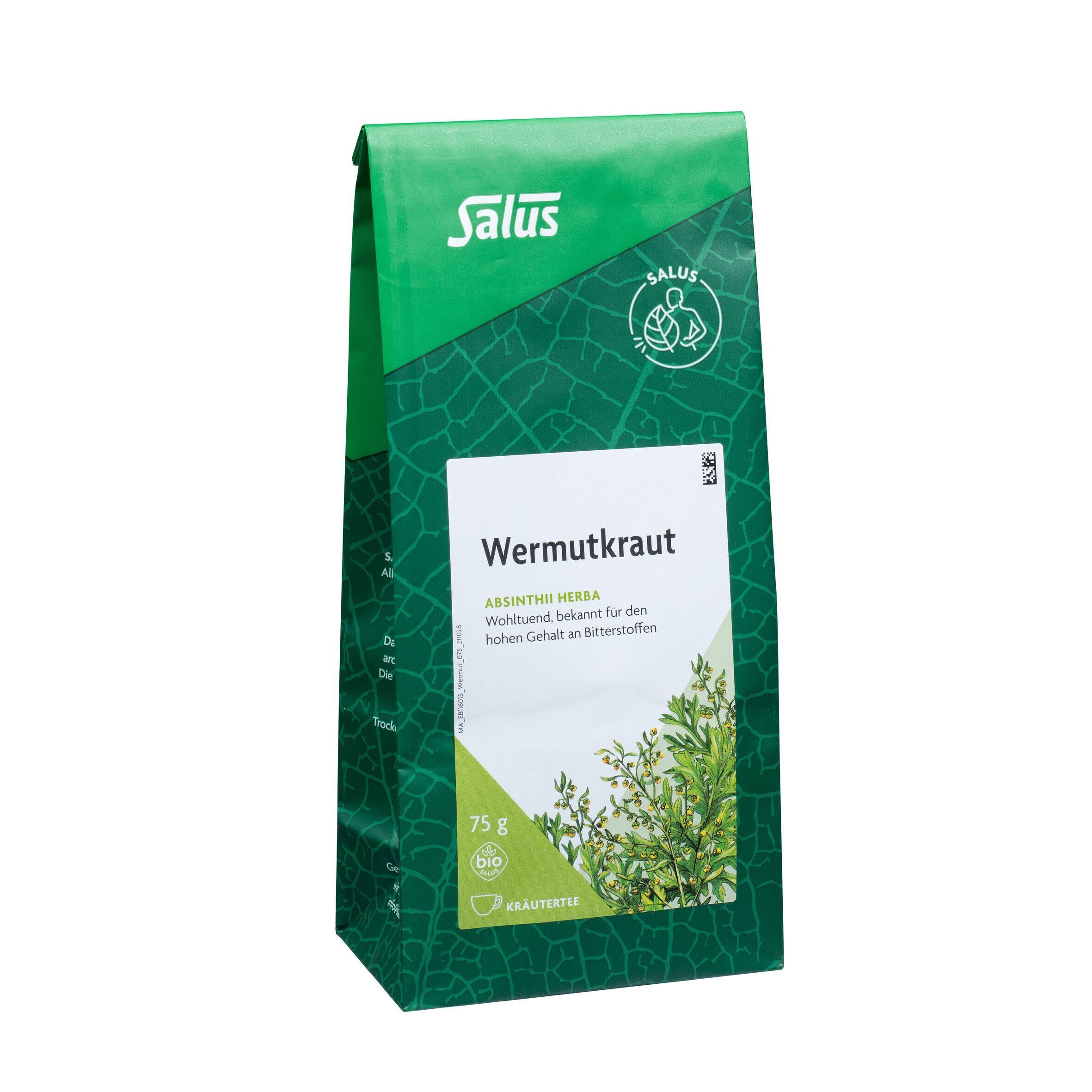 Eine einzelne Packung Salus® Wermutkraut Tee, 75g, mit Nahaufnahme des Kräuterbildes.