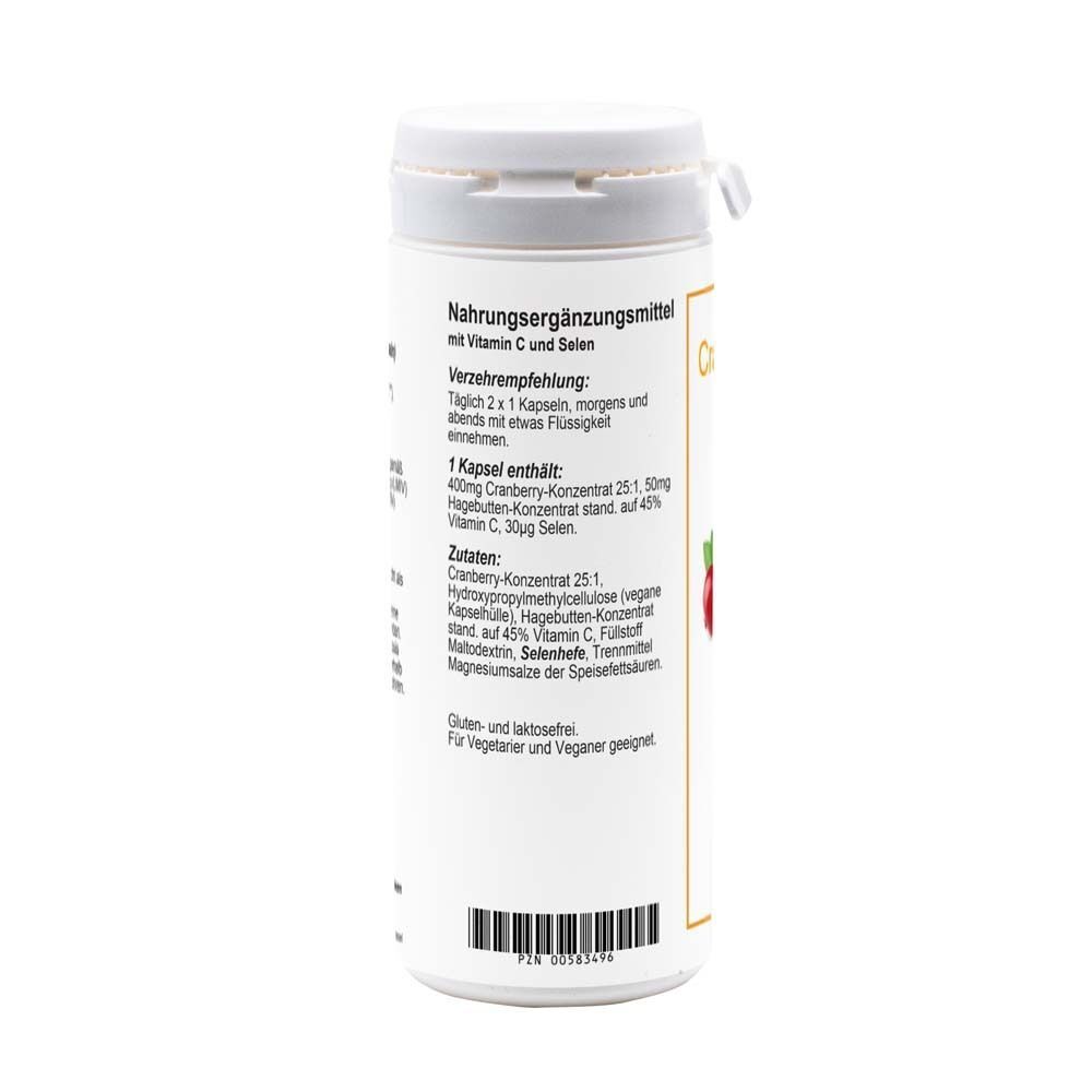 Weiße Flasche mit Text und Cranberry-Abbildung. Aufschrift: Nahrungsergänzungsmittel mit Vitamin C und Selen.