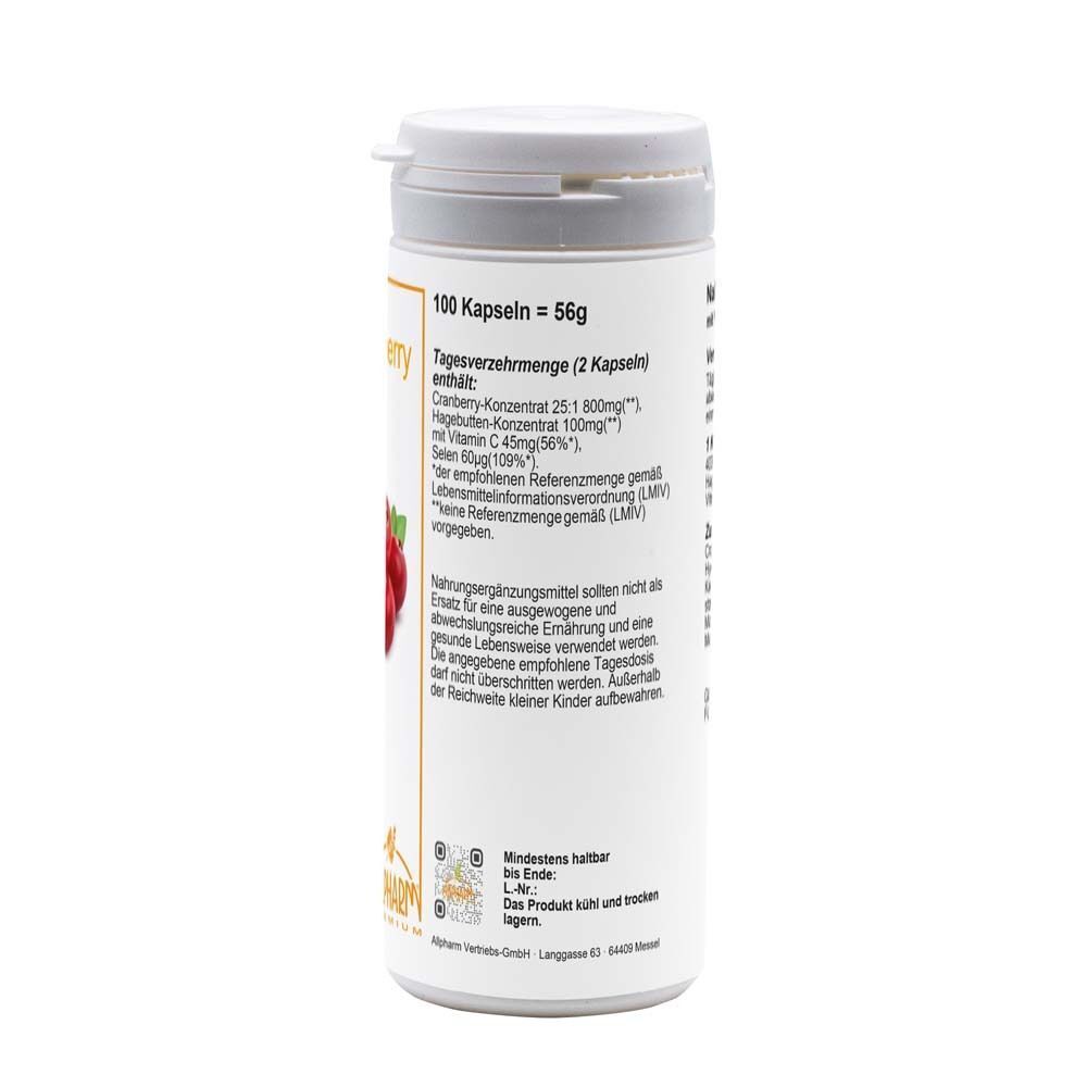 Weiße Flasche mit Text und Cranberry-Abbildung. Aufschrift: 100 Kapseln = 56g. Tagesverzehrmenge (2 Kapseln) enthält...