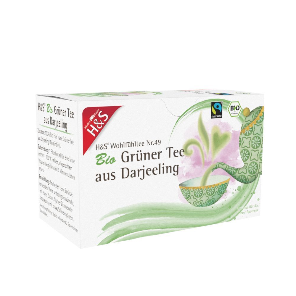 Teepackung, weiß, mit Aufschrift: H&S Bio Grüner Tee aus Darjeeling. Mit Bio-Siegel und Fairtrade-Logo.