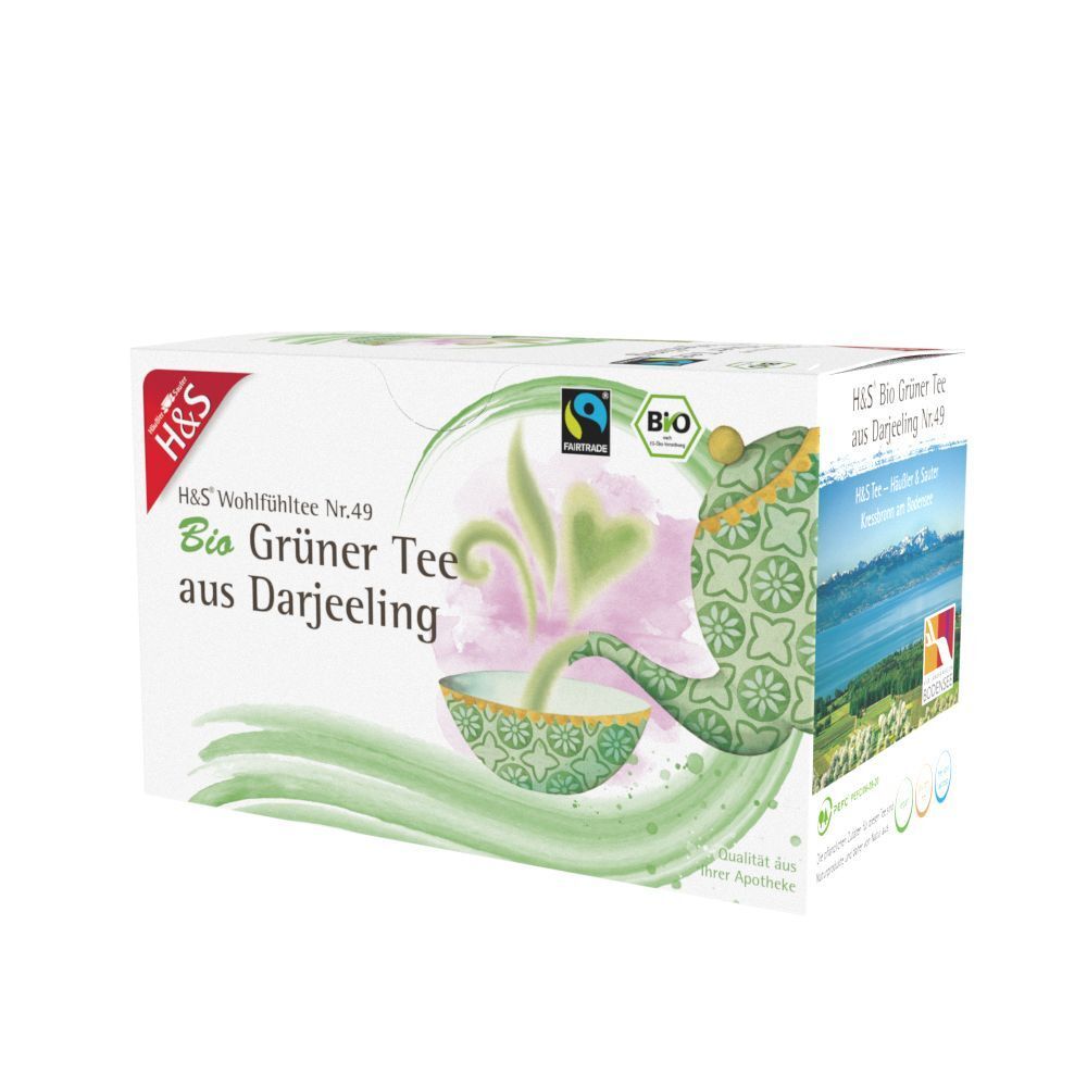 Teepackung, weiß, mit Aufschrift: H&S Bio Grüner Tee aus Darjeeling. Mit Bio-Siegel und Fairtrade-Logo.