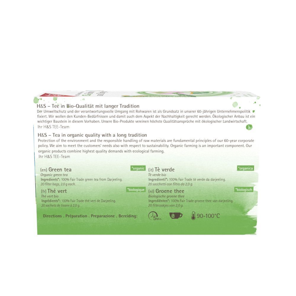 Rückseite der Teepackung. Text in Deutsch, Englisch, Französisch und Niederländisch. Informationen zu Inhaltsstoffen und Zubereitung.