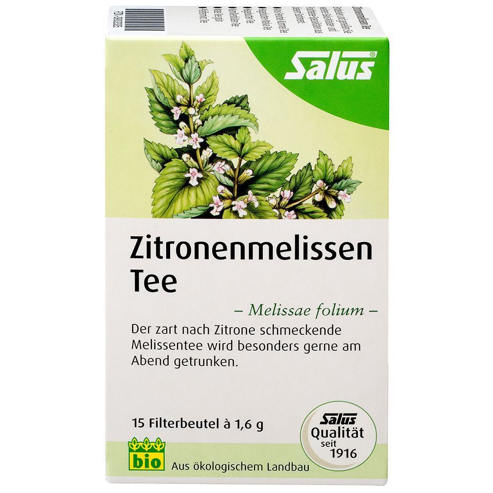 Packung Salus Zitronenmelissen Tee mit 15 Filterbeuteln à 1,6 g. Bio-Kräutertee aus ökologischem Landbau.