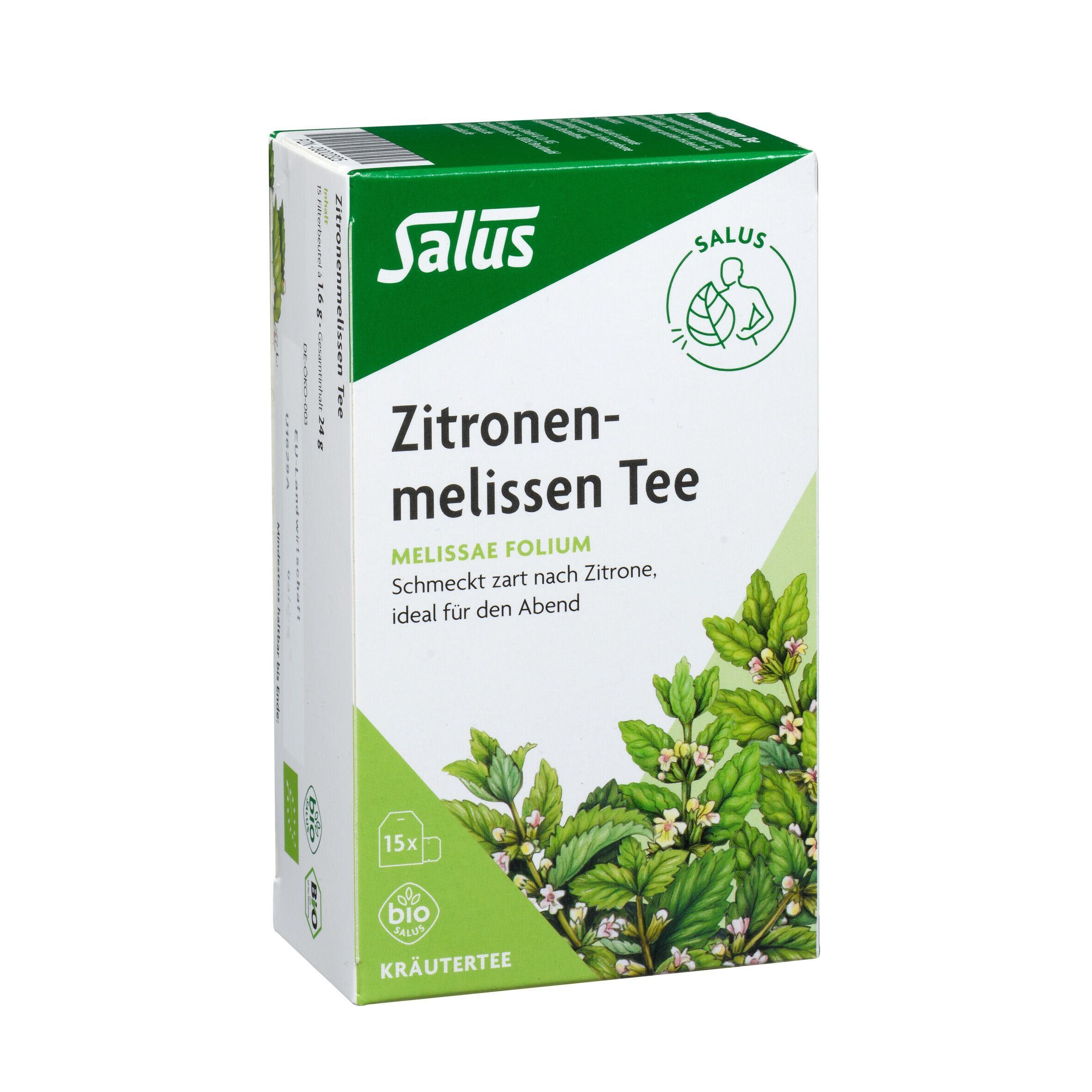 Packung Salus Zitronenmelissen Tee mit 15 Bio-Kräutertee-Beuteln. Mit Melissenblättern und Blüten.