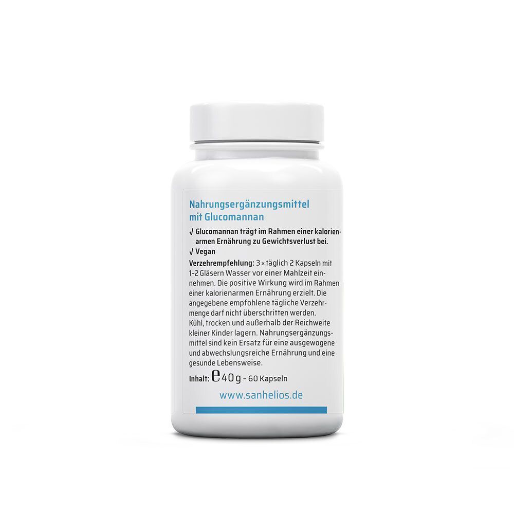 Weiße Flasche mit Kapseln. Aufschrift: Nahrungsergänzungsmittel mit Glucomannan. Text über Verzehrempfehlung und Inhaltsstoffe. Website.