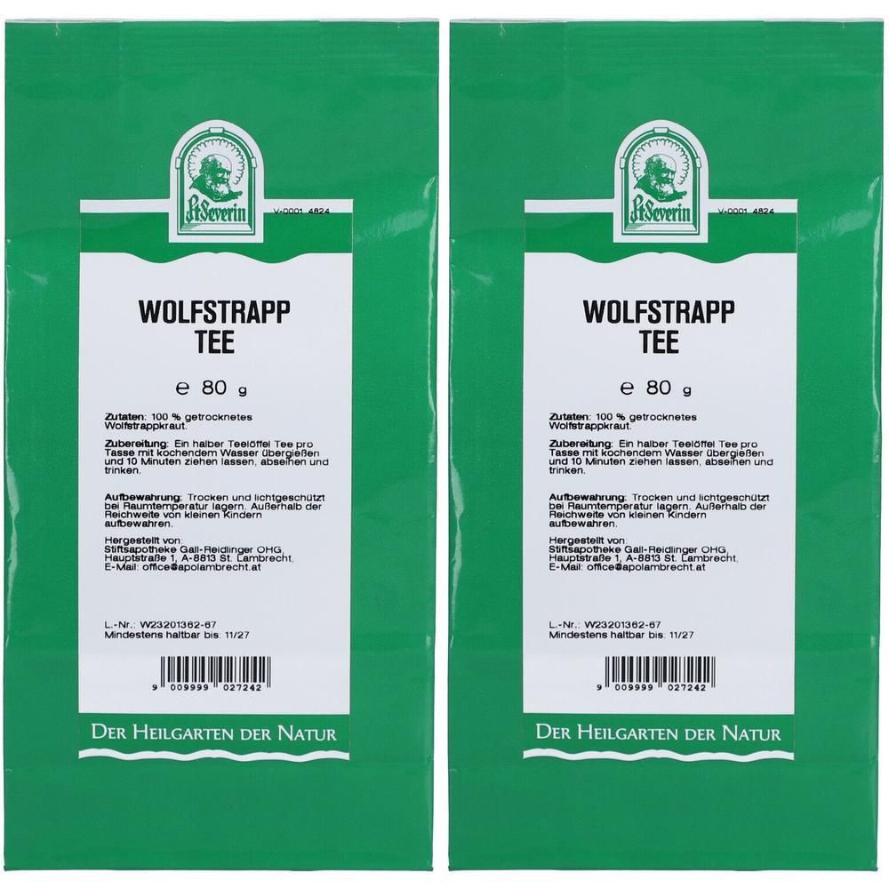 Zwei grüne Beutel mit weißem Etikett. Aufschrift: WOLFSTRAPP TEE, e 80 g. Logo: Severin. Text in deutscher Sprache.