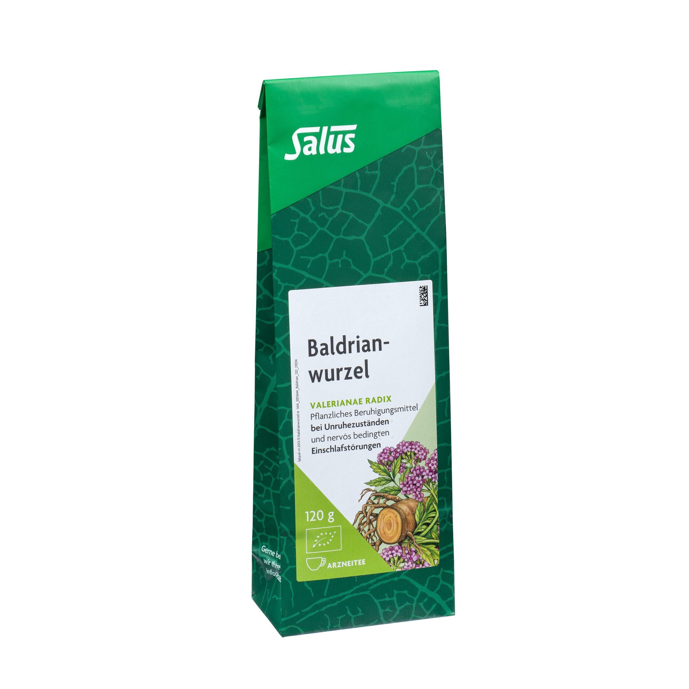 Eine Packung Salus Baldrianwurzel Arzneitee (120g) mit Abbildung von Baldrianblüten und Wurzel.