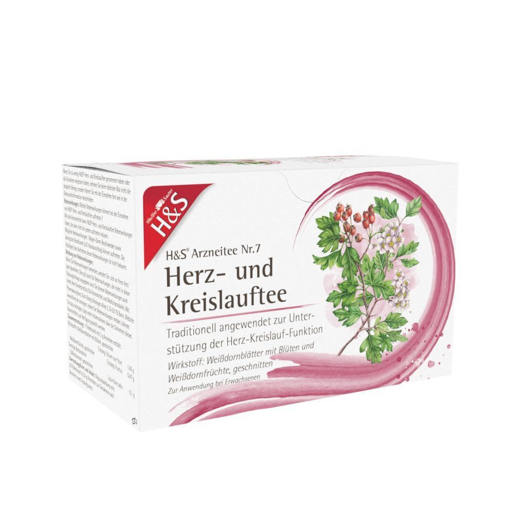 Packung H&S Herz- und Kreislauftee Nr. 7 mit Pflanze und Text.