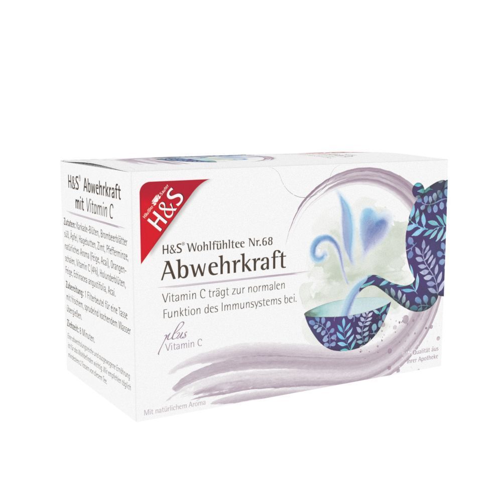H&S Abwehrkraft Tee-Packung. Weiße Verpackung mit Logo und Produktinformationen. Abbildung einer Teekanne und Tasse.